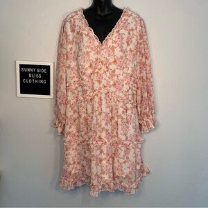 Dokotoo Pink White Floral Ruffle Deep V Neck Mini Dress Plus Size 2XL